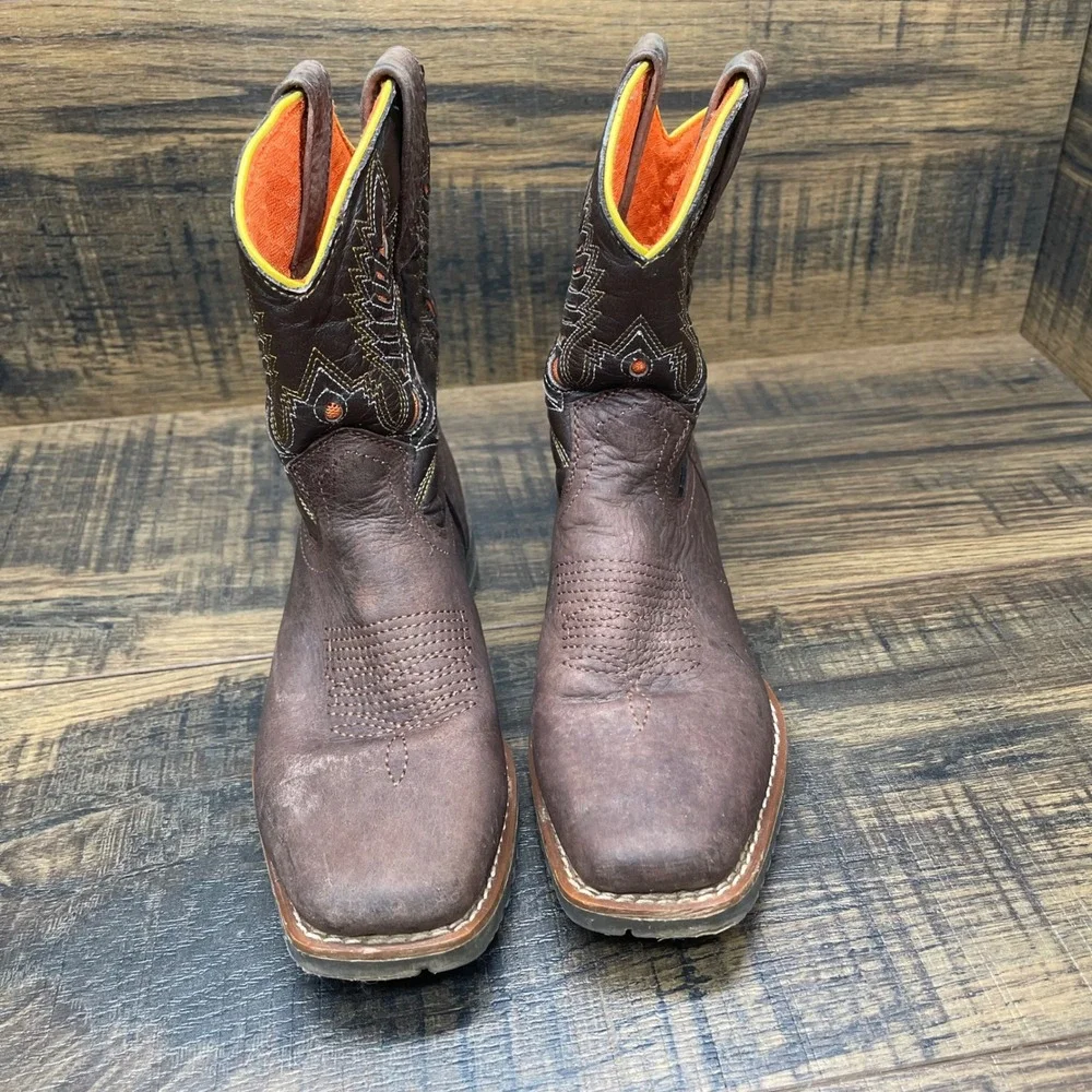 El General Cowboy Boots Kids Size 12 Brown‎ Leather Orange Embroidery Lug Sole